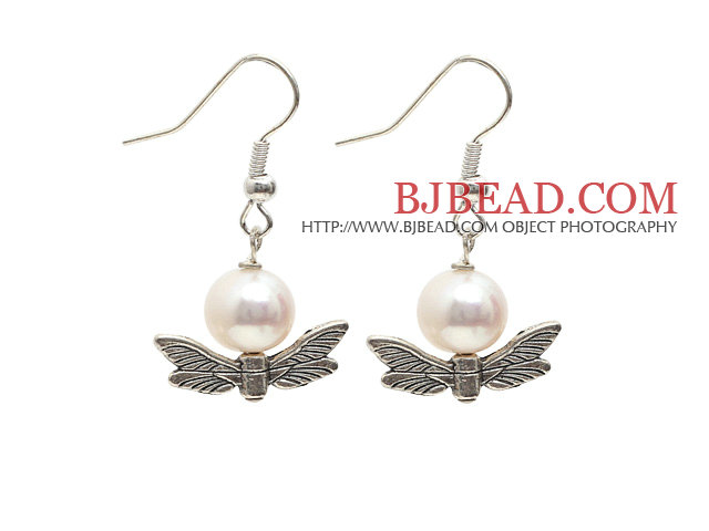 Simple Style A Grade Round Freshwater Pearl Earrings with Tibet Silver Wing Accessories