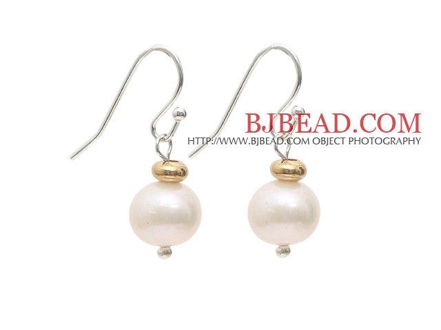 Natural Round 9-10mm White Freshwater Pearl Earrings with Golden Color Metal Beads