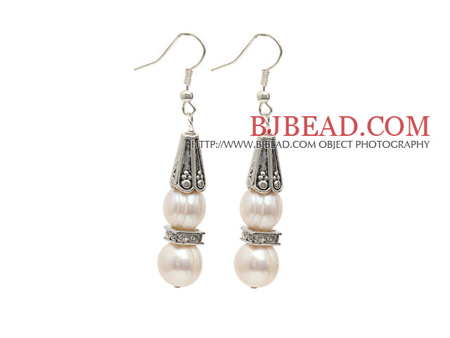 Natural White 10-11mm Freshwater Pearl Earrings with Rhinestone Spacer Accessories