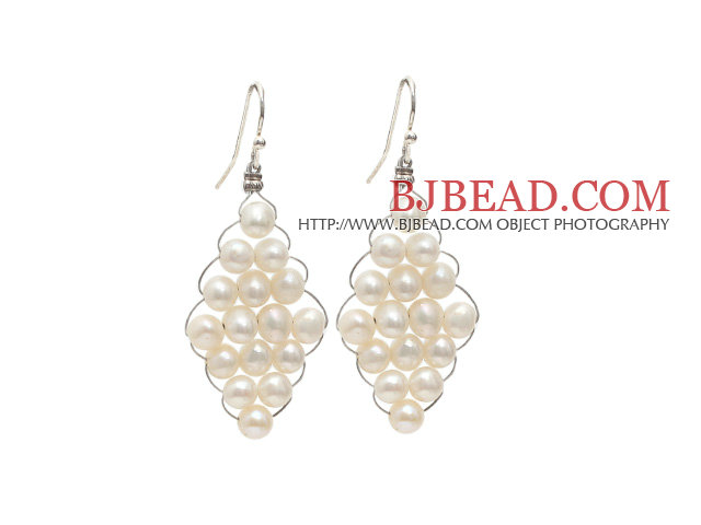 Rhombus Shape Natural 4-5mm White Freshwater Pearl Earrings with Fish Hook