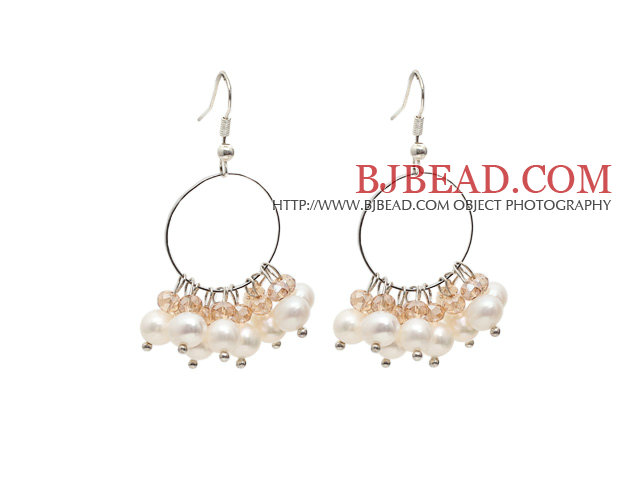 Fashion Style Natural White Freshwater Pearl Crystal Hoop Earrings
