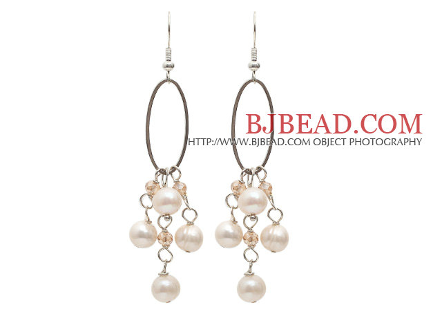 Fashion Style White Freshwater Pearl Crystal Earrings with Oval Hoop