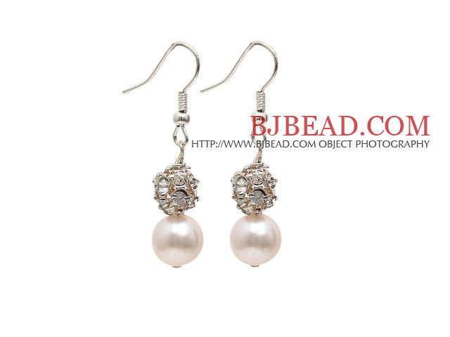 Fashion Style 9-10mm Natural White Freshwater Pearl Dangle Earrings with Rhinestone Ball