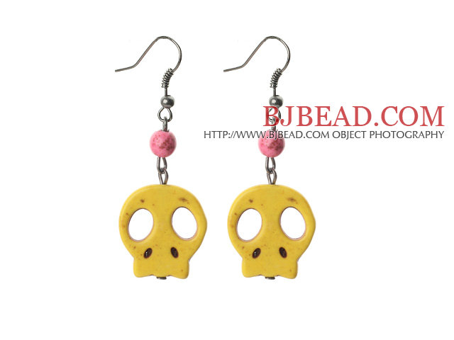 6 Pairs Simple Style Dyed Lemon Yellow Color Turquoise Skull Earrings with Fish Hooks