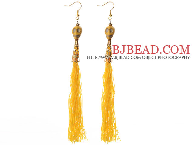 China Style Dyed Yellow Turquoise Skull and Yellow Thread Tassel Long Dangle Earrings