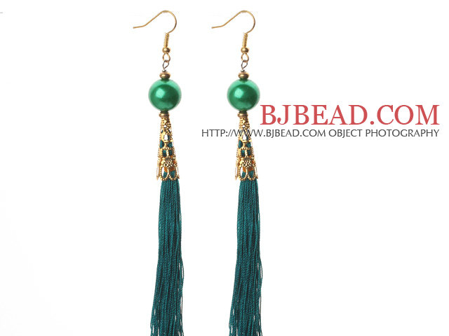 China Style Round Green Seashell and Green Thread Tassel Long Dangle Earrings