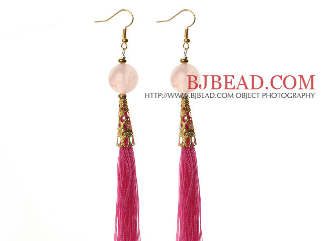 China Style Rose Quartz and Hot Pink Thread Tassel Long Dangle Earrings