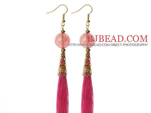 China Style Faceted Cherry Quartz and Hot Pink Thread Tassel Long Dangle Earrings