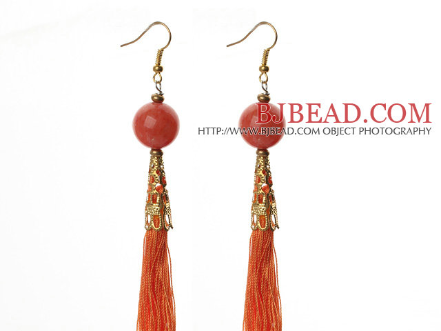 China Style Red Candy Jade and Orange Red Thread Tassel Long Dangle Earrings