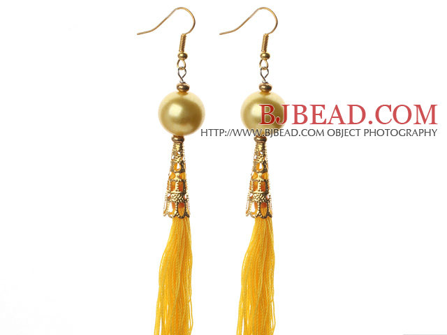 China Style Golden Color Seashell and Yellow Thread Tassel Long Dangle Earrings
