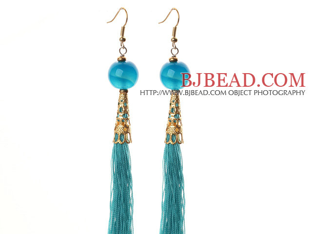 China Style Blue Agate and Blue Thread Tassel Long Dangle Earrings