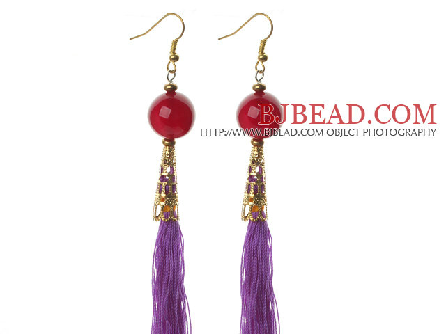 China Style Round Carnelian and Purple Thread Tassel Long Dangle Earrings