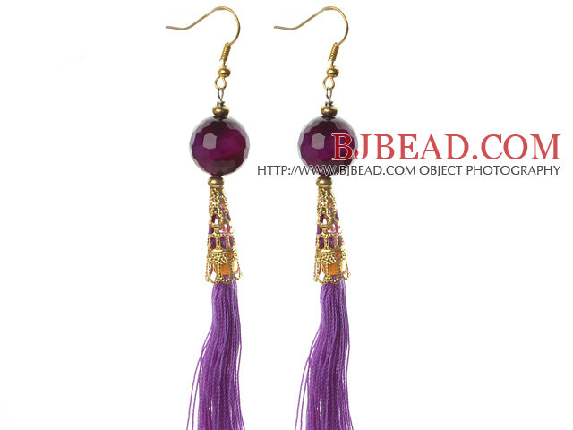 China Style Faceted Purple Agate and Purple Thread Tassel Long Dangle Earrings