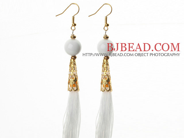 China Style White Porcelain Stone and White Thread Tassel Long Dangle Earrings