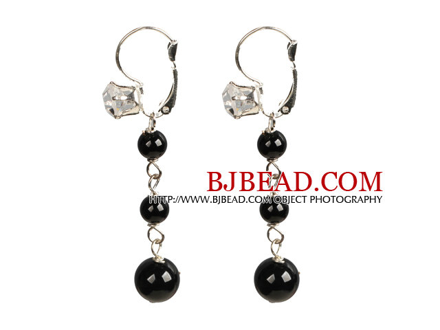 Beautiful Long Style Graduated Black Agate Beads Dangle Earrings With Rhinestone Hook