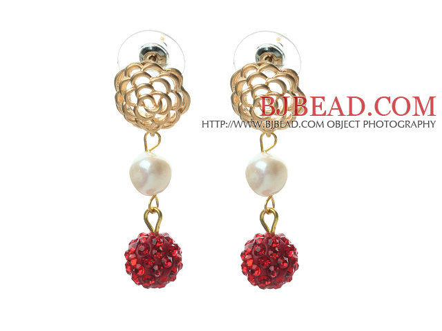 White Freshwater Pearl and Red Rhinestone Ball Dangle Studs Earrings