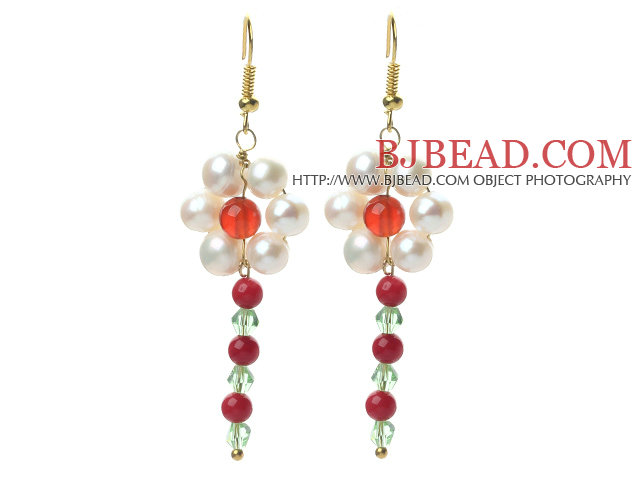 White Freshwater Pearl and Red Coral and Carnelian and Green Crystal Dangle Earrings