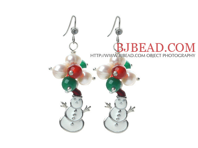 2014 Christmas Design White Pearl and Green Agate and Carnelian and Santa Claus Earrings