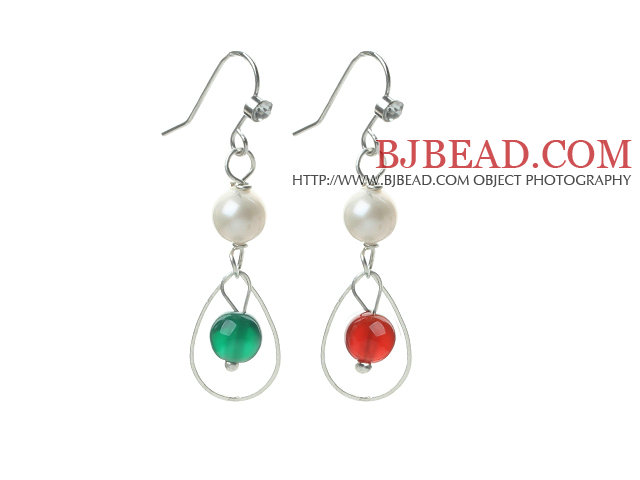 Fashion Style White Freshwater Pearl and Carnelian and Green Agate Dangle Earrings