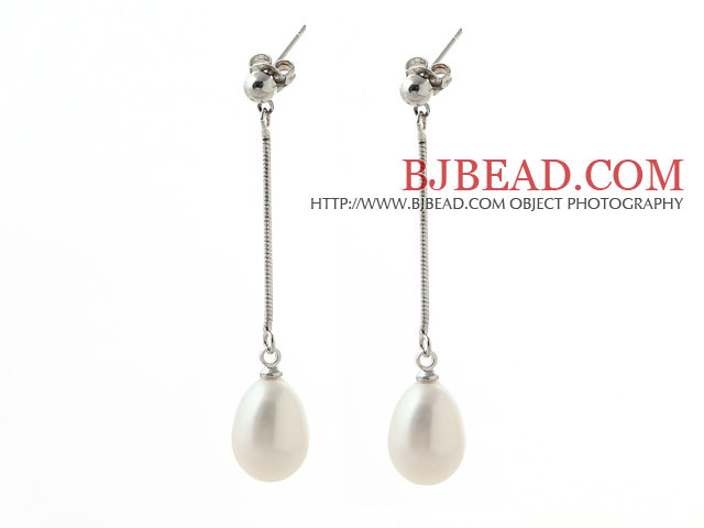 Elegant Style 10-11mm Teardrop Shape White Freshwater Pearl Dangle Earrings with Metal Chain