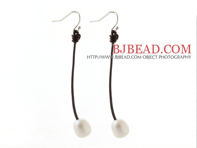 Simple Style 10-11mm White Freshwater Pearl and Brown Leather Dangle Earrings