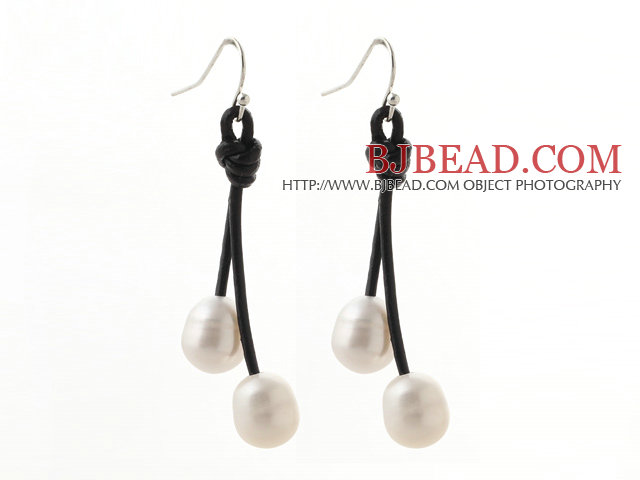 Classic Design 10-11mm White Freshwater Pearl and Black Leather Dangle Earrings