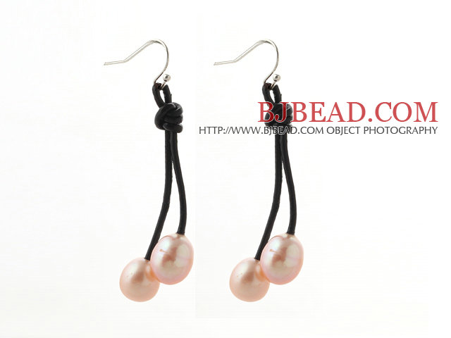 Classic Design 10-11mm Pink Freshwater Pearl and Black Leather Dangle Earrings