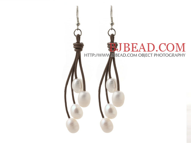 Elegant Style 10-11mm White Freshwater Pearl and Brown Leather Dangle Earrings