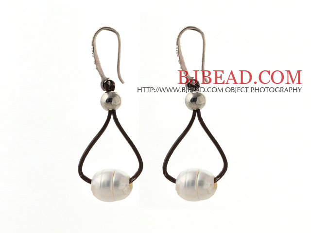Simple Style 10-11mm White Freshwater Pearl and Brown Leather Earrings