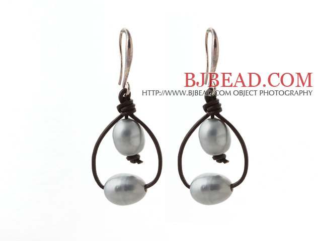 Simple Style 10-11mm Gray Freshwater Pearl and Brown Leather Earrings