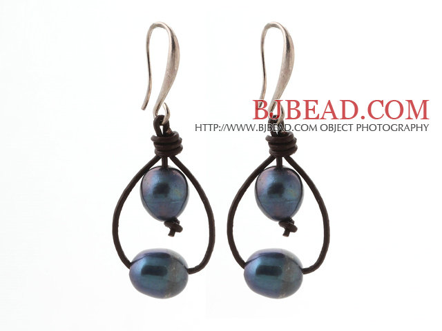 Simple Style 10-11mm Black Freshwater Pearl and Brown Leather Earrings