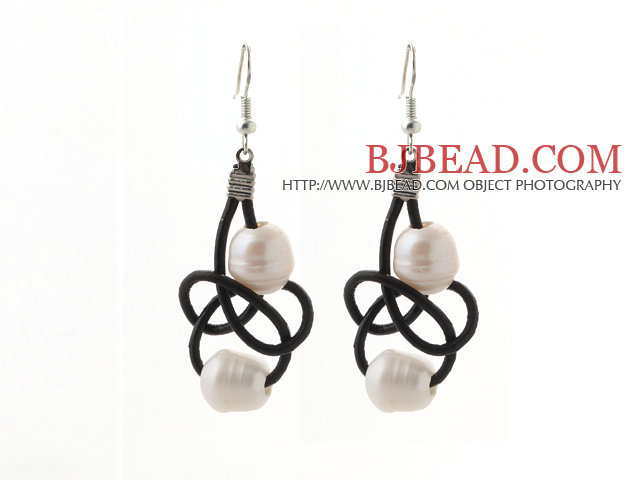 Elegant Style 10-11mm White Freshwater Pearl and Black Leather Earrings