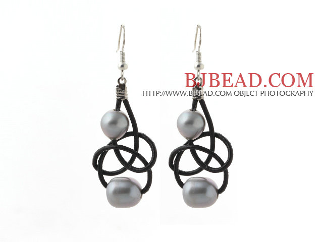 Elegant Style 10-11mm Gray Freshwater Pearl and Black Leather Earrings