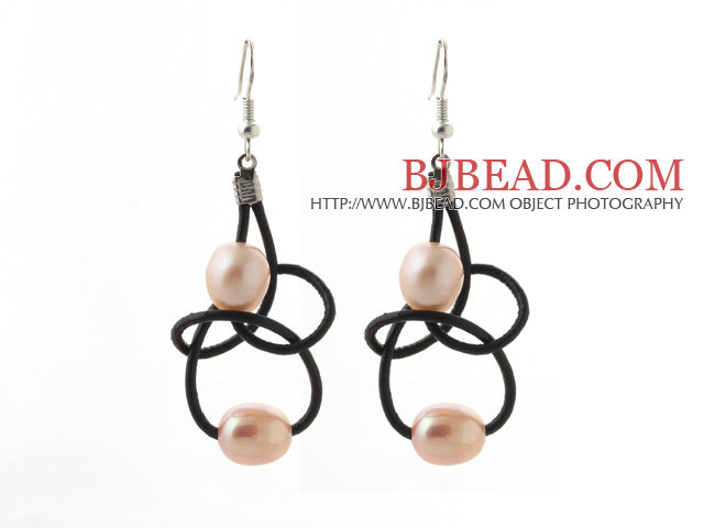 Elegant Style 10-11mm Pink Freshwater Pearl and Black Leather Earrings