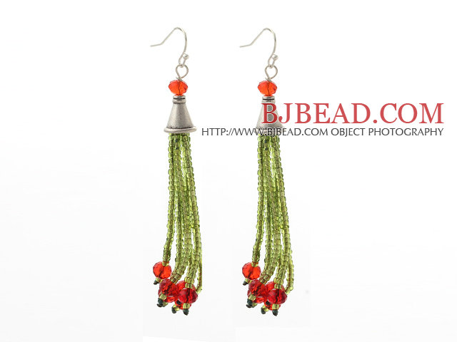 2014 Christmas Design Green Glass Beads and Red Crystal Tassel Dangle Earrings
