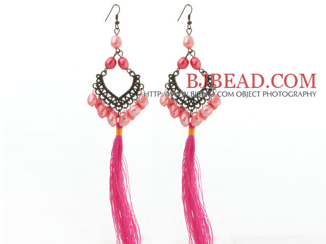 New Design Pink Series 8-9mm Baroque Pearl Tassel Dangle Earrings