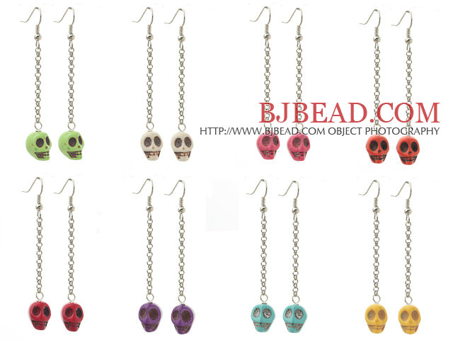 8 Pairs Multi Color Dyed Turquoise Skull Dangle Earrings ( Random Color )