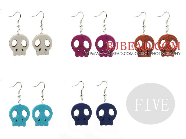 5 Pairs Multi Color Dyed Turquoise Skull Earrings ( Random Color )