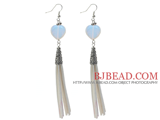 Long Style Heart Shape Opal Dangle Leather Tassel Earrings with White Leather Tassel