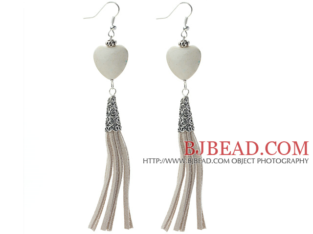 Long Style Heart Shape Howlite Dangle Leather Tassel Earrings with Gray Leather Tassel