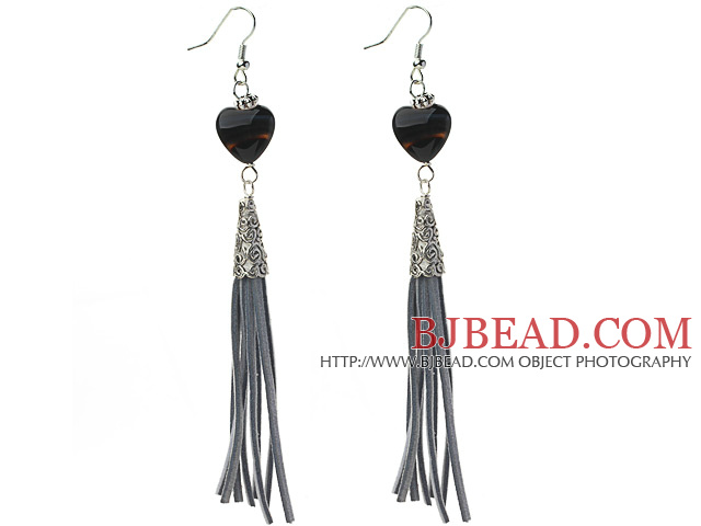 Long Style Heart Shape Black Agate Dangle Leather Tassel Earrings with Gray Leather Tassel