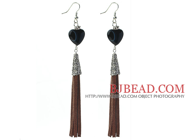 Long Style Heart Shape Black Agate Dangle Leather Tassel Earrings with Black Leather Tassel