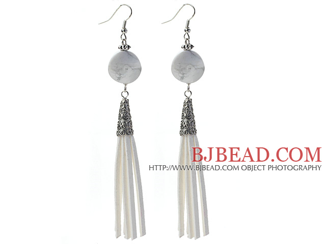 Long Style Round Shape Whirling Howlite Dangle Leather Tassel Earrings with White Leather Tassel