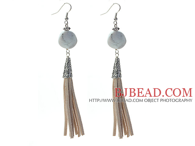 Long Style Round Shape Whirling Howlite Dangle Leather Tassel Earrings with Gray Leather Tassel