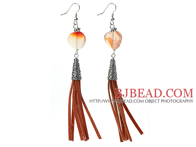 Long Style Round Shape Whirling Agate Dangle Leather Tassel Earrings with Reddish Brown Leather Tassel