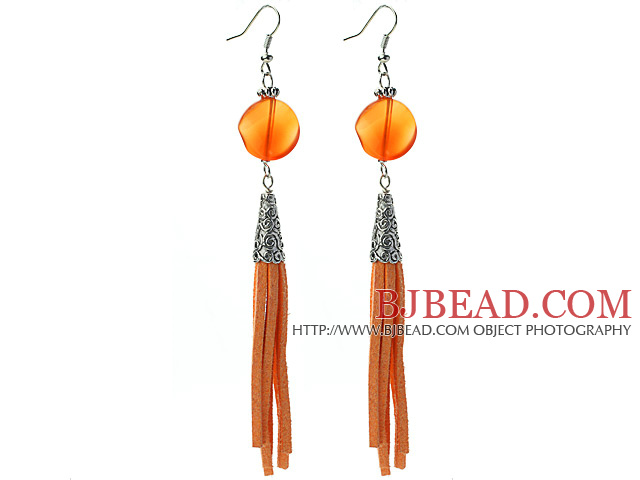 Long Style Round Shape Whirling Orange Agate Dangle Leather Tassel Earrings with Orange Leather Tassel
