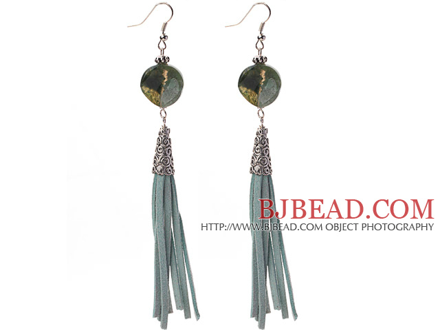 Long Style Round Shape Whirling Indian Agate Dangle Leather Tassel Earrings with Leather Tassel
