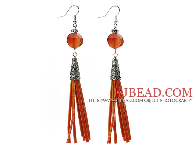 Long Style Flat Round Shape Agate Dangle Leather Tassel Earrings with Reddish Brown Leather Tassel