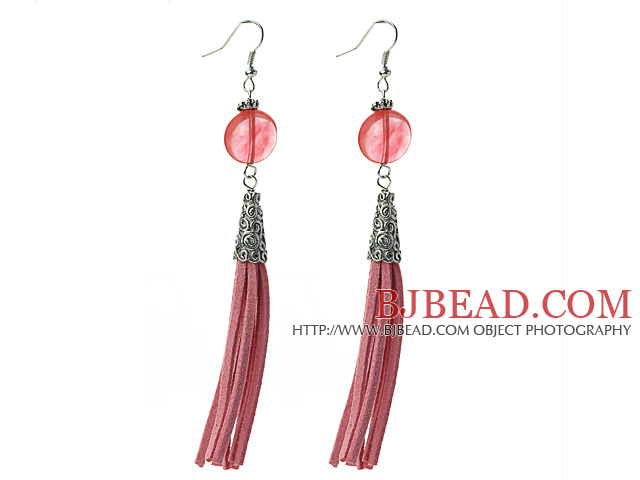 Long Style Flat Round Shape Cherry Quartz Dangle Leather Tassel Earrings with Pink Leather Tassel