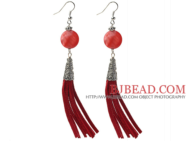 Long Style Flat Round Shape Red Shell Dangle Leather Tassel Earrings with Red Leather Tassel